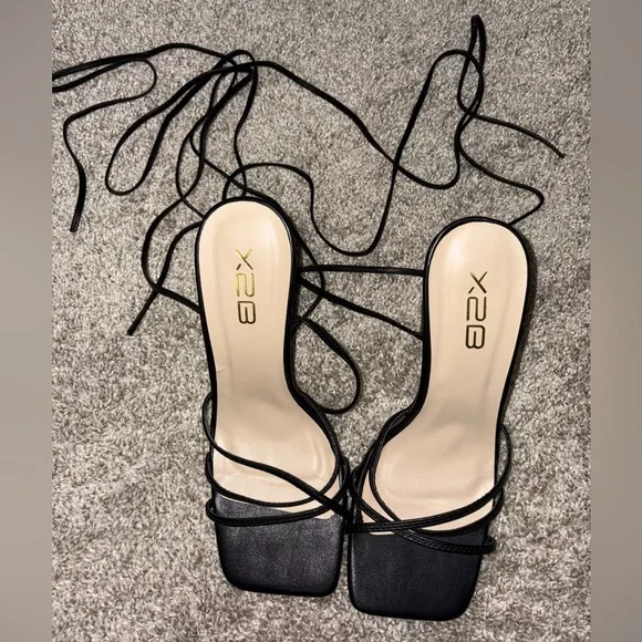 Black Lace Up Block Heels - Picture 3 of 6